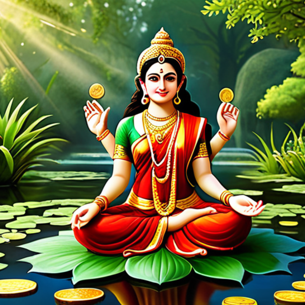 Lakshmi - Abundance and Prosperity**

"A fully clothed, professional depiction of Lakshmi, the Hindu goddess of wealth and prosperity, seated on a lotus flower in a serene garden. She is adorned in modest, beautiful garments and jewelry. Gold coins flow from her hands, symbolizing abundance. The background features a lush, green environment with a gentle, golden light. Safe for work, appropriate content, perfect anatomy, correct proportions, natural pose, well-formed hands, proper finger count, natural body proportions, professional, family-friendly."

**
