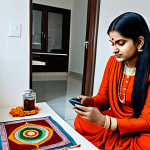 Urban Hinduism - Digital Puja**

"A modern woman in modest Indian clothing, fully clothed, using a smartphone app to perform a digital puja in her apartment. Background shows a clean, minimalist urban living space with traditional Hindu decorations subtly placed. Safe for work, appropriate content, professional photography, perfect anatomy, correct proportions, well-formed hands, proper finger count, natural pose, family-friendly, high quality."

**
