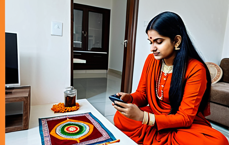 Urban Hinduism - Digital Puja**

"A modern woman in modest Indian clothing, fully clothed, using a smartphone app to perform a digital puja in her apartment. Background shows a clean, minimalist urban living space with traditional Hindu decorations subtly placed. Safe for work, appropriate content, professional photography, perfect anatomy, correct proportions, well-formed hands, proper finger count, natural pose, family-friendly, high quality."

**