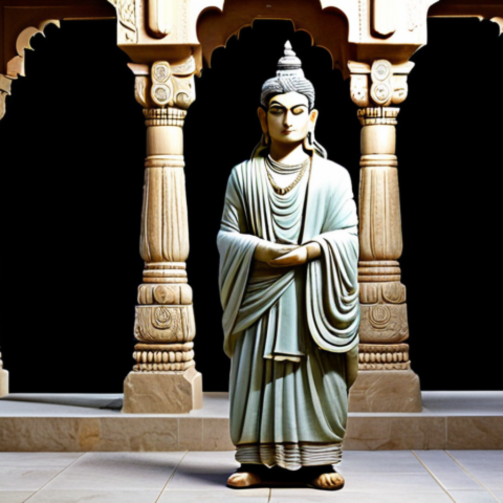 Gandhara Art - Hindu Deity**

"A meticulously sculpted statue in the Gandhara style, depicting a Hindu deity (Vishnu or Indra). The figure is fully clothed in draped, modest robes reminiscent of Roman togas. The setting is a serene, ancient temple courtyard. Soft, diffused lighting. Safe for work, appropriate content, fully clothed, perfect anatomy, natural proportions, professional rendering, high quality."

**