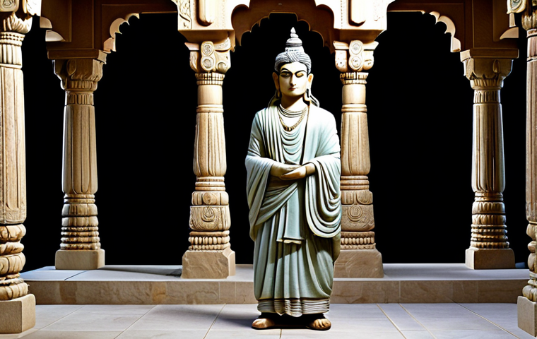 Gandhara Art - Hindu Deity**

"A meticulously sculpted statue in the Gandhara style, depicting a Hindu deity (Vishnu or Indra). The figure is fully clothed in draped, modest robes reminiscent of Roman togas. The setting is a serene, ancient temple courtyard. Soft, diffused lighting. Safe for work, appropriate content, fully clothed, perfect anatomy, natural proportions, professional rendering, high quality."

**
