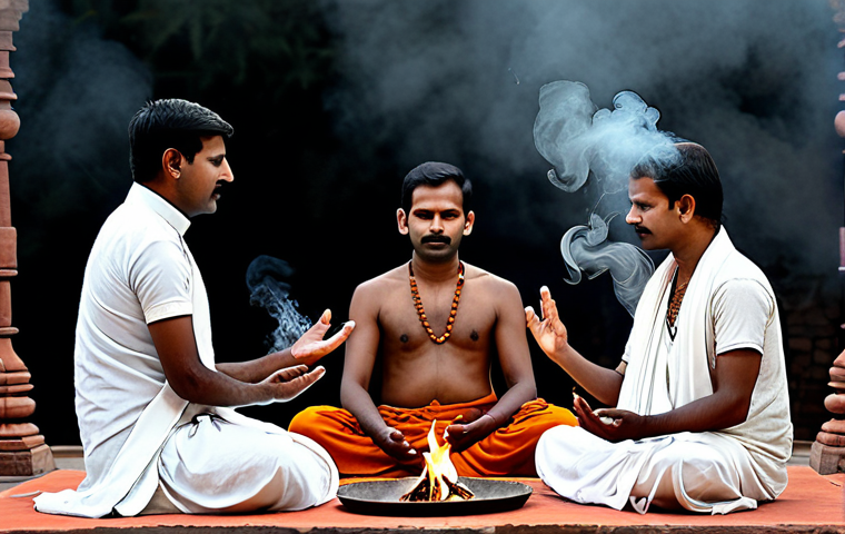Vedic Ritual**

"A group of priests (Brahmins) performing a sacred Vedic ritual around a fire altar, fully clothed in traditional Indian attire, chanting mantras, smoke rising, ancient Indian setting, safe for work, appropriate content, family-friendly, professional, perfect anatomy, natural pose, correct proportions, well-formed hands, proper finger count, high-quality rendering, detailed background, modest clothing."

**